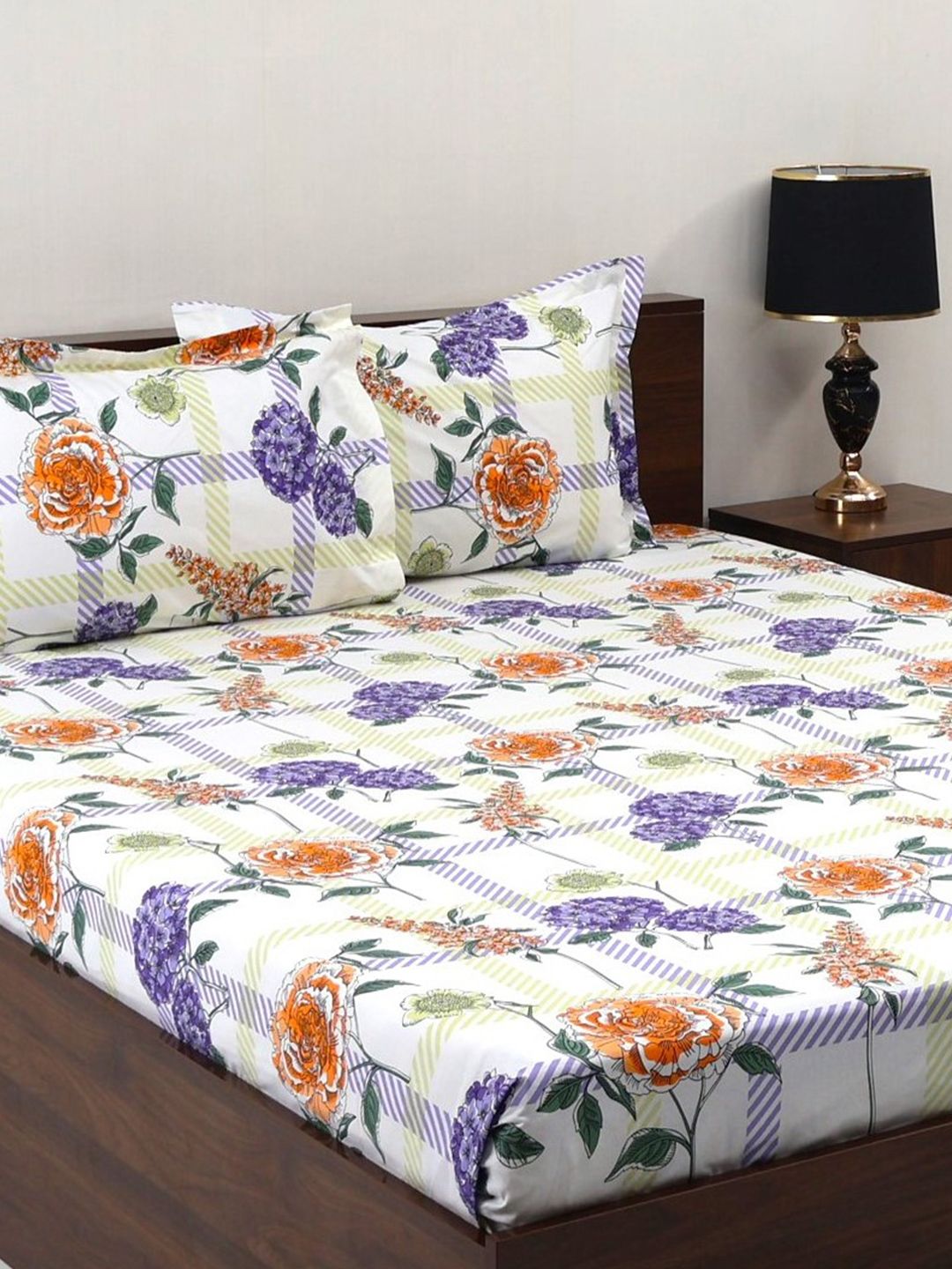BOMBAY DYEING Allure Purple Floral Cotton 144TC Fitted Bedsheet Set-1.52m X 1.98m X30cm