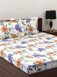 BOMBAY DYEING Allure Purple Floral Cotton 144TC Fitted Bedsheet Set-1.52m X 1.98m X30cm