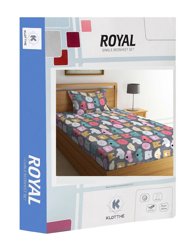 KLOTTHE Book Fold Grey & Pink Printed 300TC Single Bedsheet With 1 Pillow Cover