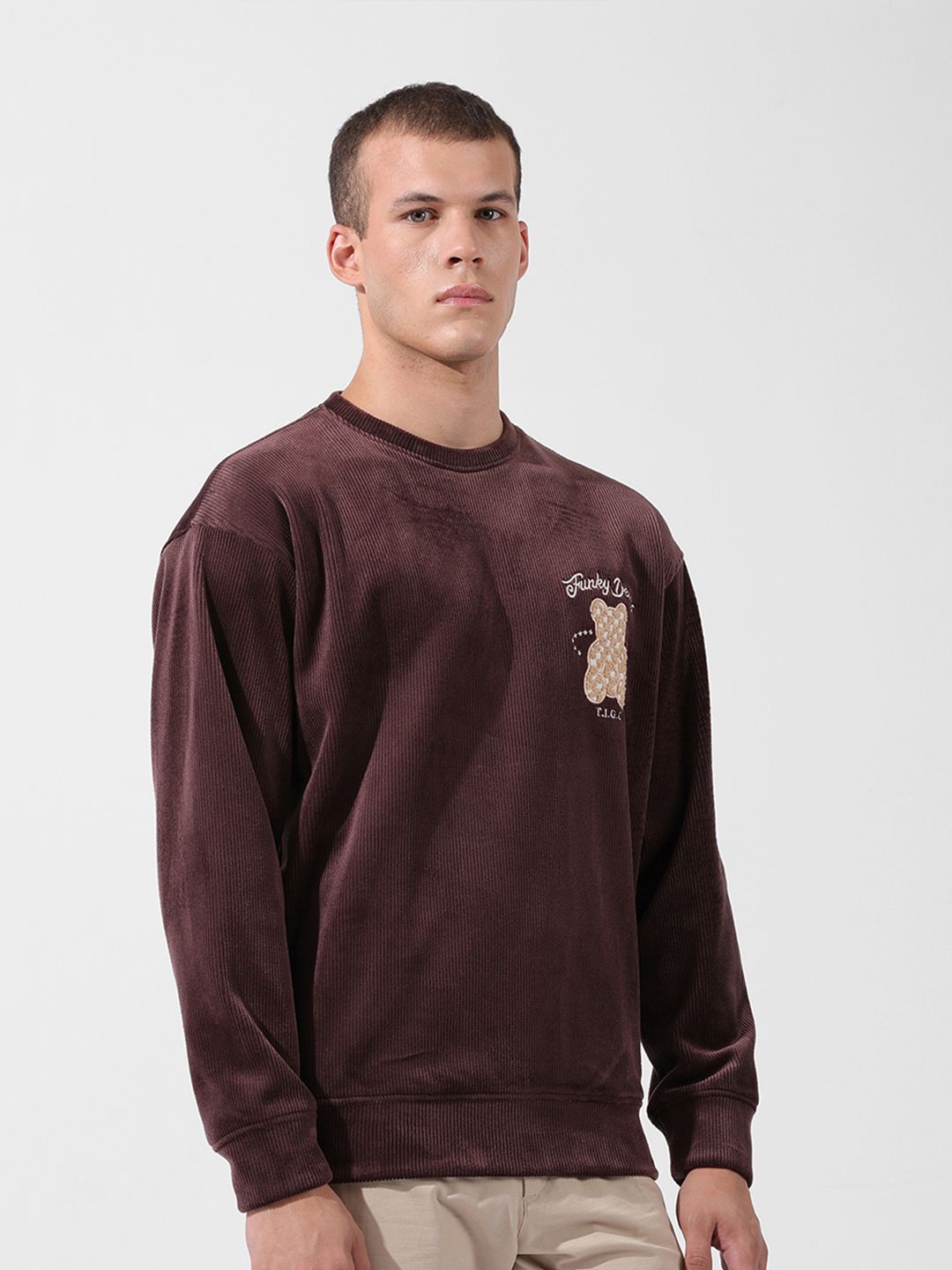 The Indian Garage Co Men Oversized Self Design Corduroy Crew Neck Sweatshirt