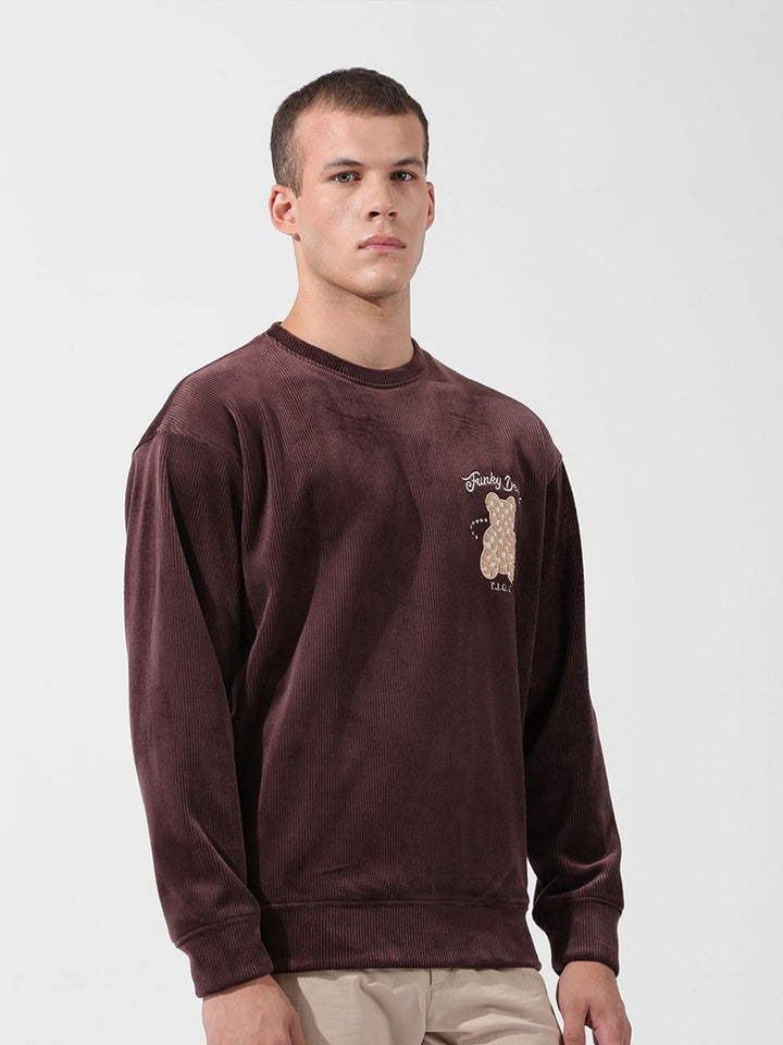 The Indian Garage Co Men Oversized Self Design Corduroy Crew Neck Sweatshirt