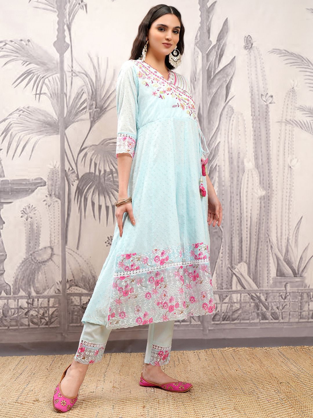 Vishudh Blue & Pink Floral Embroidered Pure Cotton Angrakha Kurta & Trousers With Dupatta