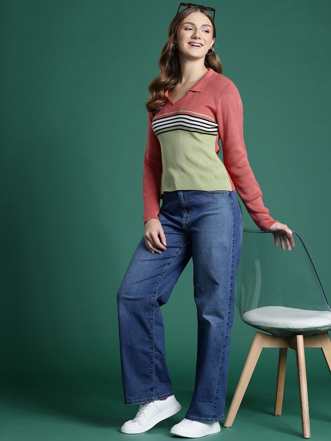 DressBerry Collar Neck Striped Pullover Sweaters