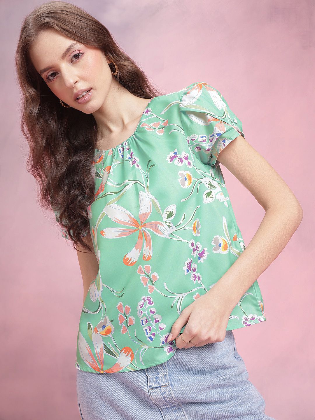 DressBerry Floral Print Puff Sleeves Top
