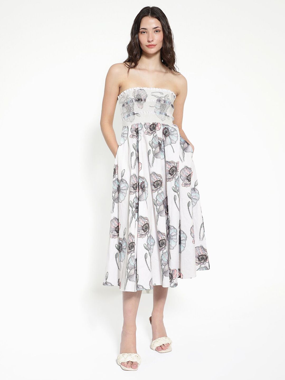 Rareism Off Shouler Floral Printed Cotton Fit & Flare Midi Dress