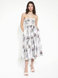 Rareism Off Shouler Floral Printed Cotton Fit & Flare Midi Dress