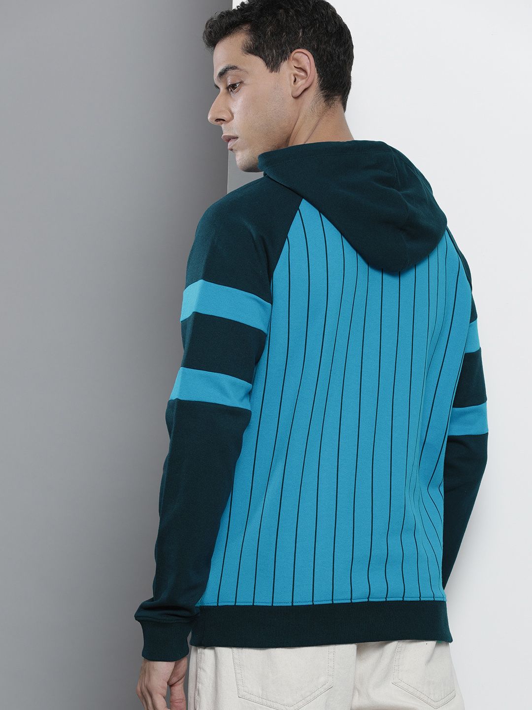 The Indian Garage Co Men Blue Striped Hooded Sweatshirt