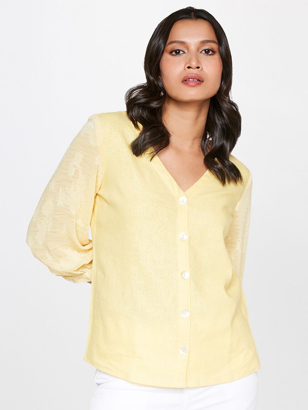 AND V-Neck Puff Sleeves Shirt Style Top