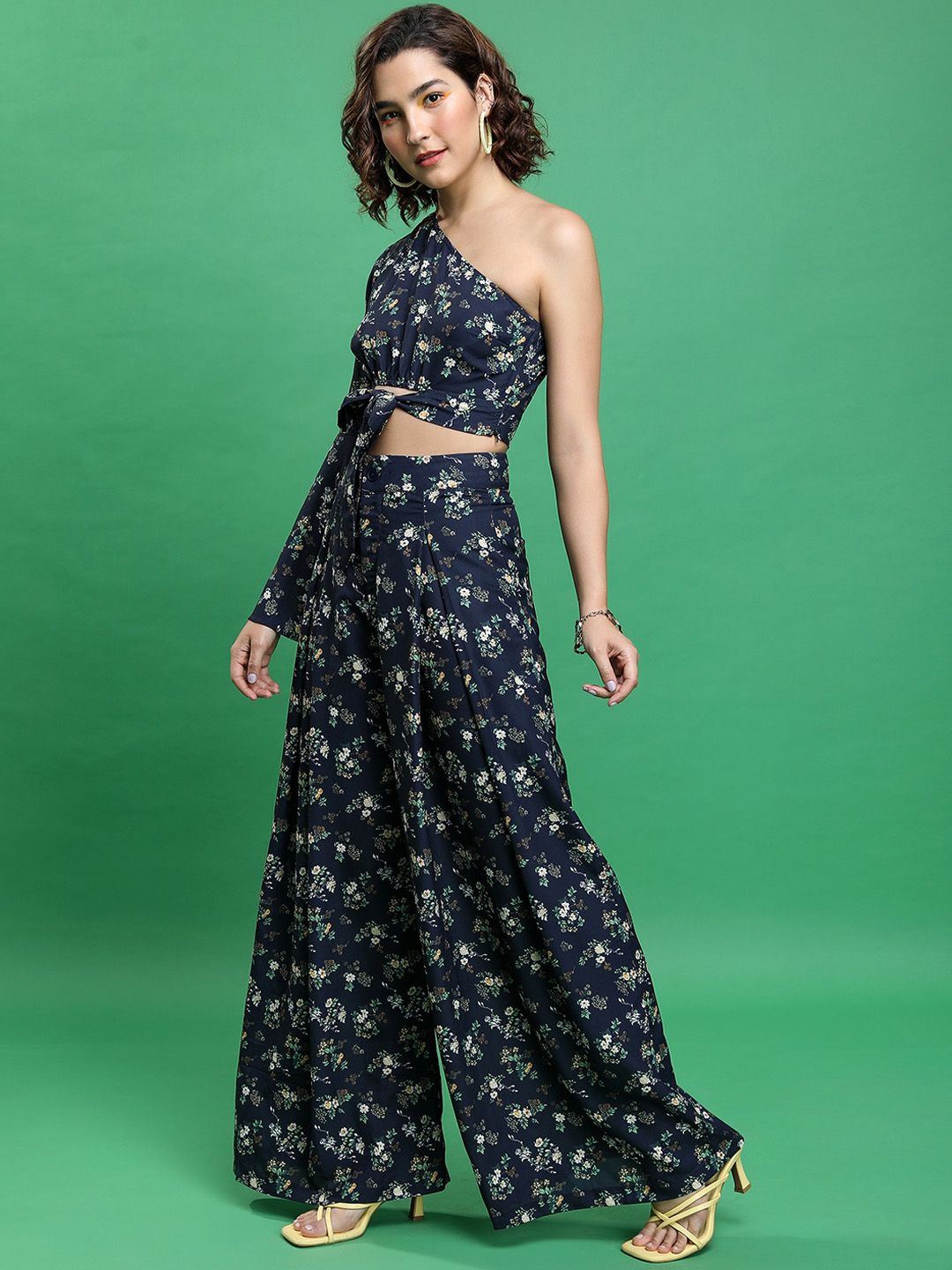 Tokyo Talkies Floral Printed One Shoulder Crop Top With Printed Palazzos