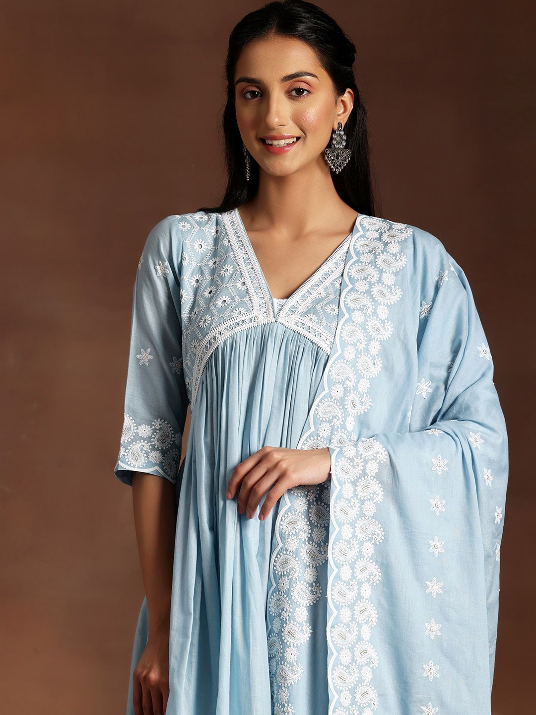 Libas Blue Paisley Embroidered V-Neck Flared Thread Work Pure Cotton A-Line Kurta Set