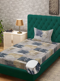 KLOTTHE Grey Geometric Printed Pure Cotton Fitted 400 TC Single Bedsheet With Pillow Cover