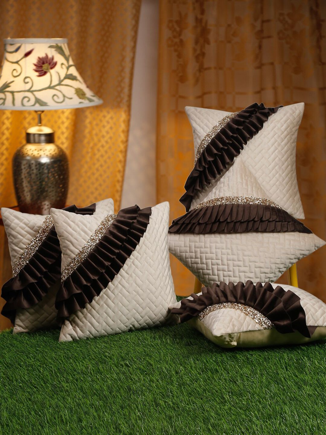 HOSTA HOMES Off White & Brown 5 Pieces Embellished Square Cushion Covers
