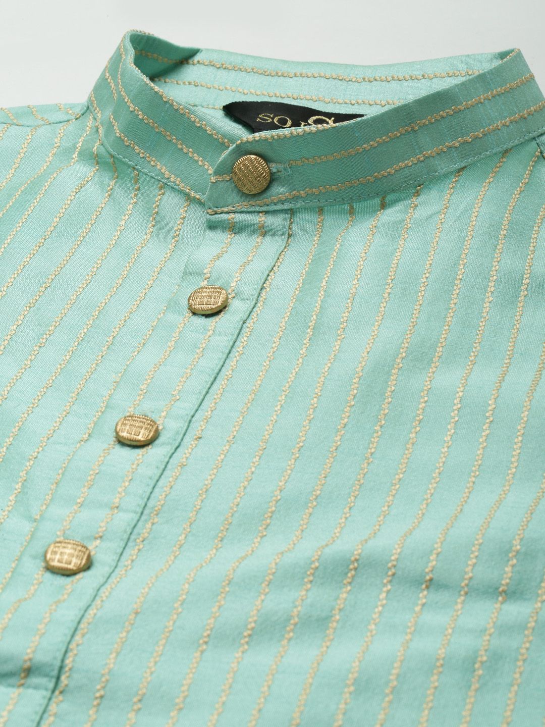 SOJANYA Men Sea Green Striped Kurta with Churidar & Nehru Jacket