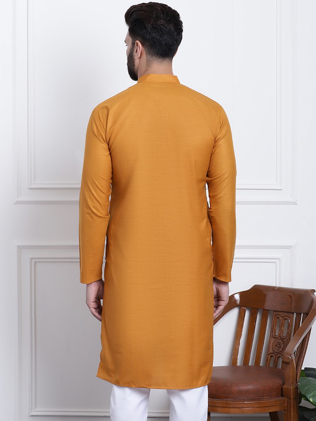 Anug oleh SOJANYA Men Mustard Yellow Yoke Design Patchwork Pure Cotton Kurta