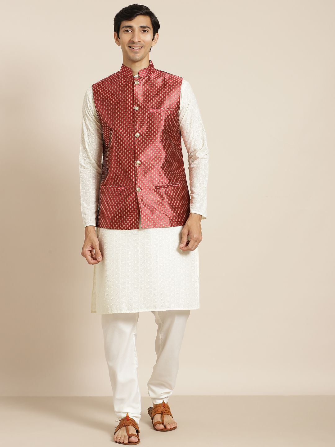 SOJANYA Men Cream-Coloured Chikankari Pure Cotton Kurta with Churidar & Nehru Jacket