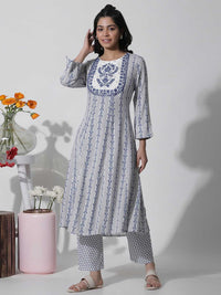 W Blue Ethnic Motifs Printed Mirror Work Kurta