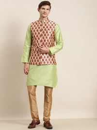 SOJANYA Men Green & Red Kurta with Churidar & Nehru Jacket