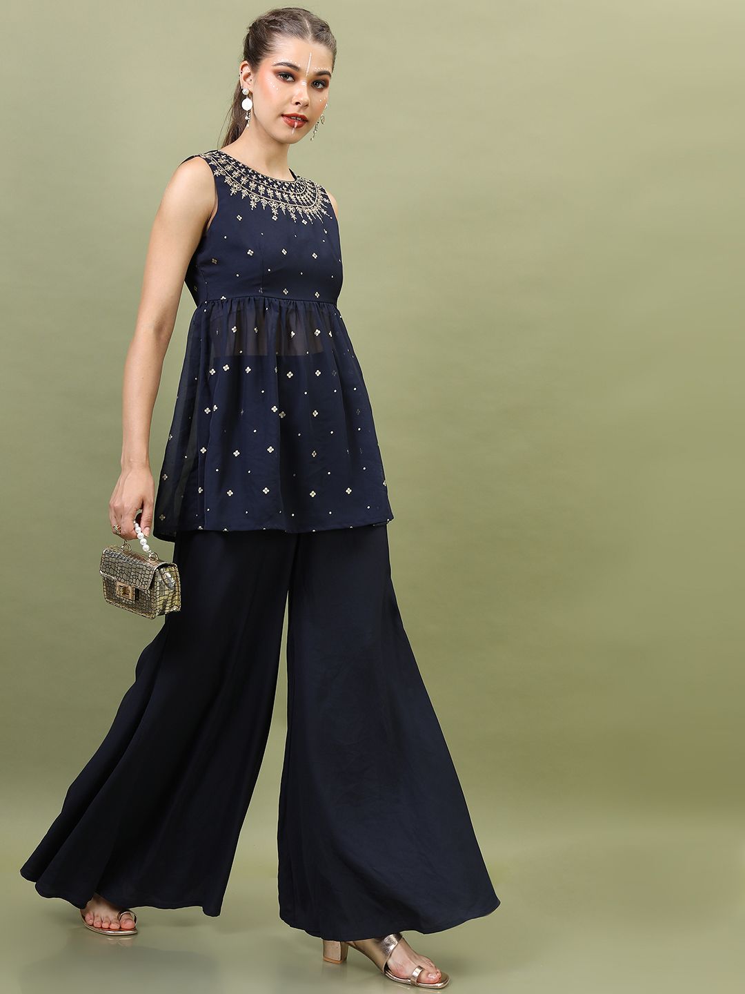 Vishudh Women Navy Blue Ethnic Motifs Embroidered Empire Kurti with Palazzos & With Dupatta