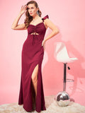 Berrylush Maroon Flutter Sleeves Cut Out Ruched Maxi Dress