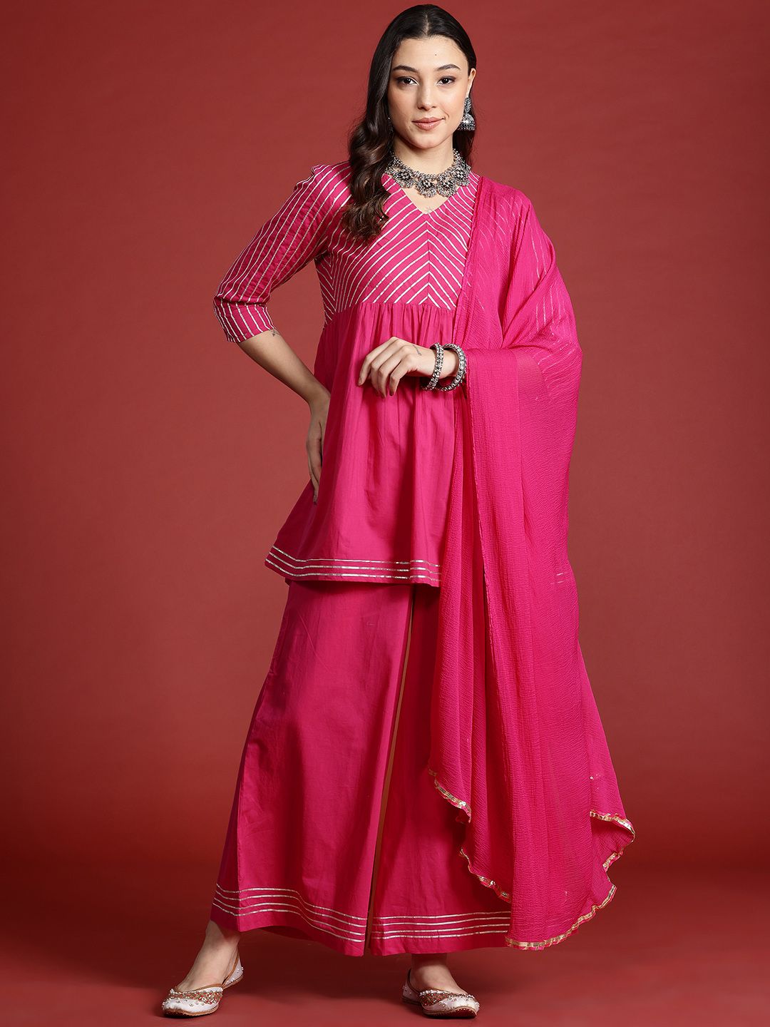 Anouk Tyohar Collection Pleated Gotta Patti Pure Cotton Kurti with Palazzos & With Dupatta