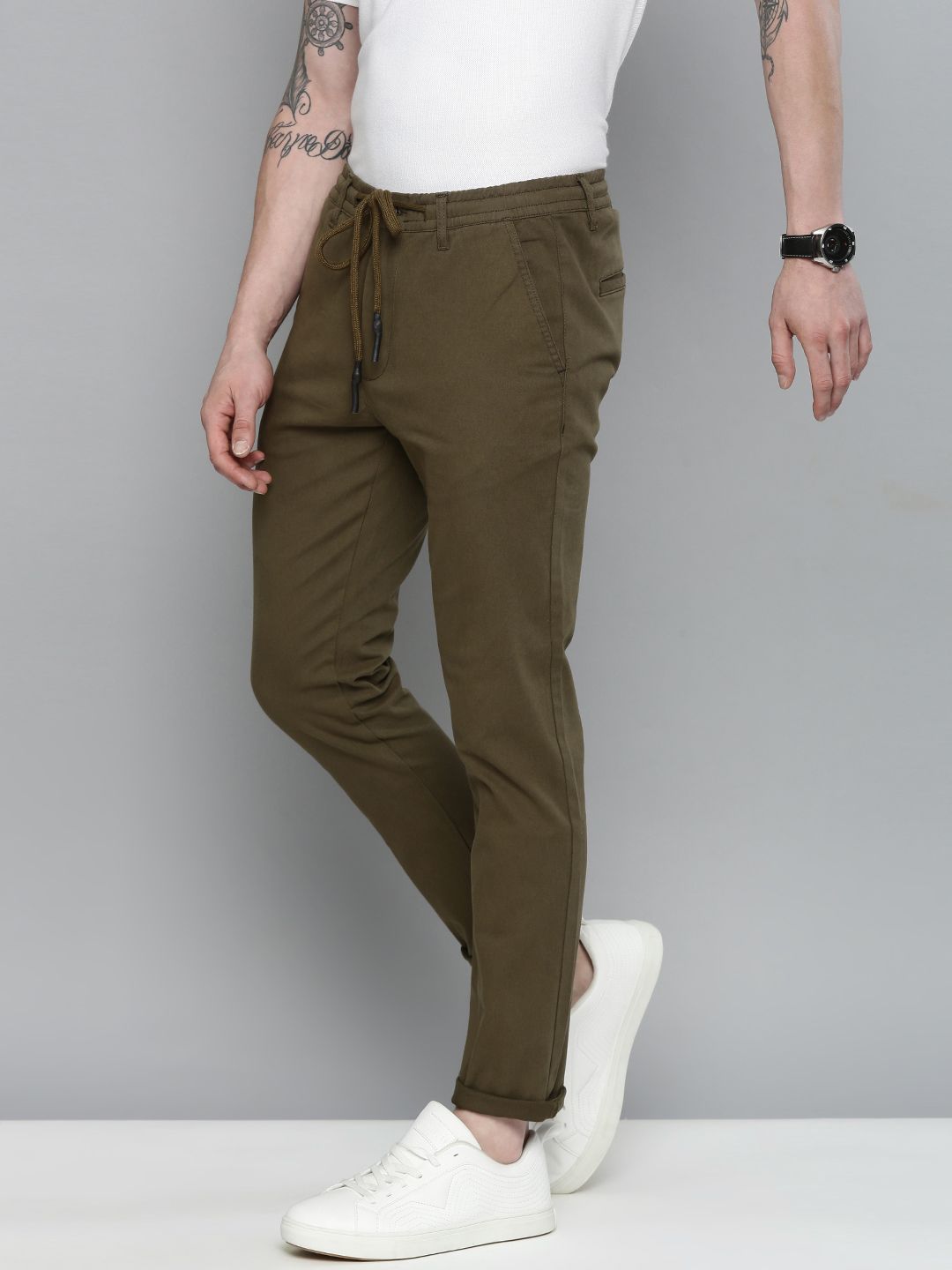 The Indian Garage Co Men Olive Green Slim Fit Chinos Trousers