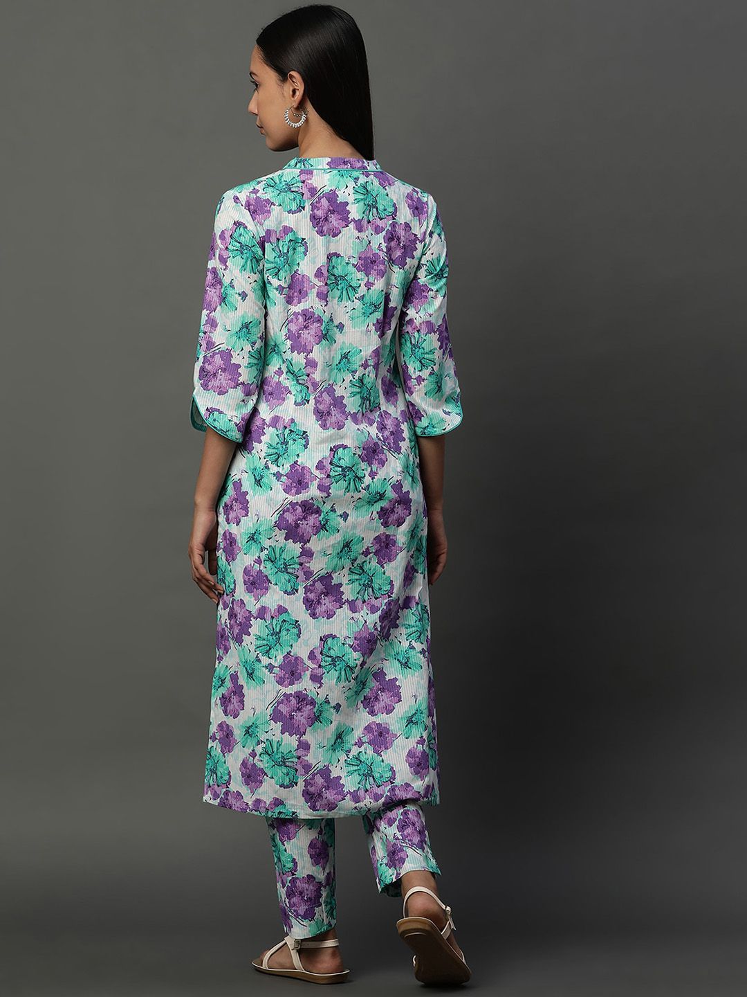 AURELIA Floral Printed Regular Pure Cotton Band Collar Straight Kurta with Trousers