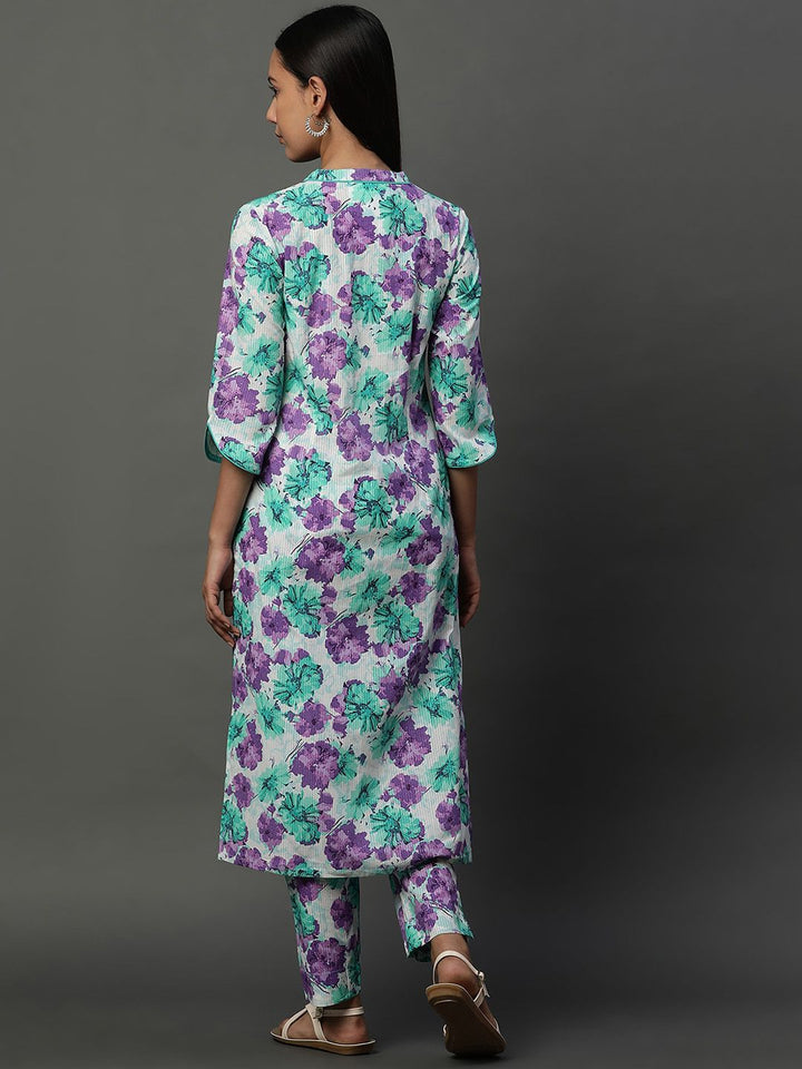 AURELIA Floral Printed Regular Pure Cotton Band Collar Straight Kurta with Trousers