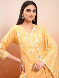 Vishudh Orange Floral Printed V-Neck Pure Cotton Straight Kurta With Trousers & Dupatta
