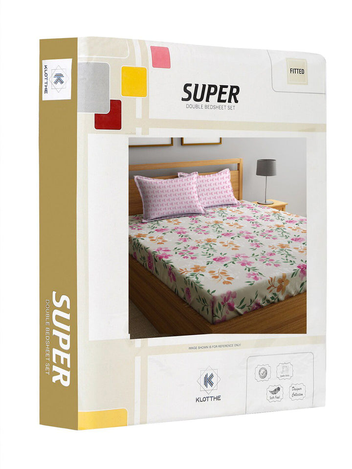 KLOTTHE Blue & Orange Printed 300TC Fitted Double King Bedsheet With 2 Pillow Covers