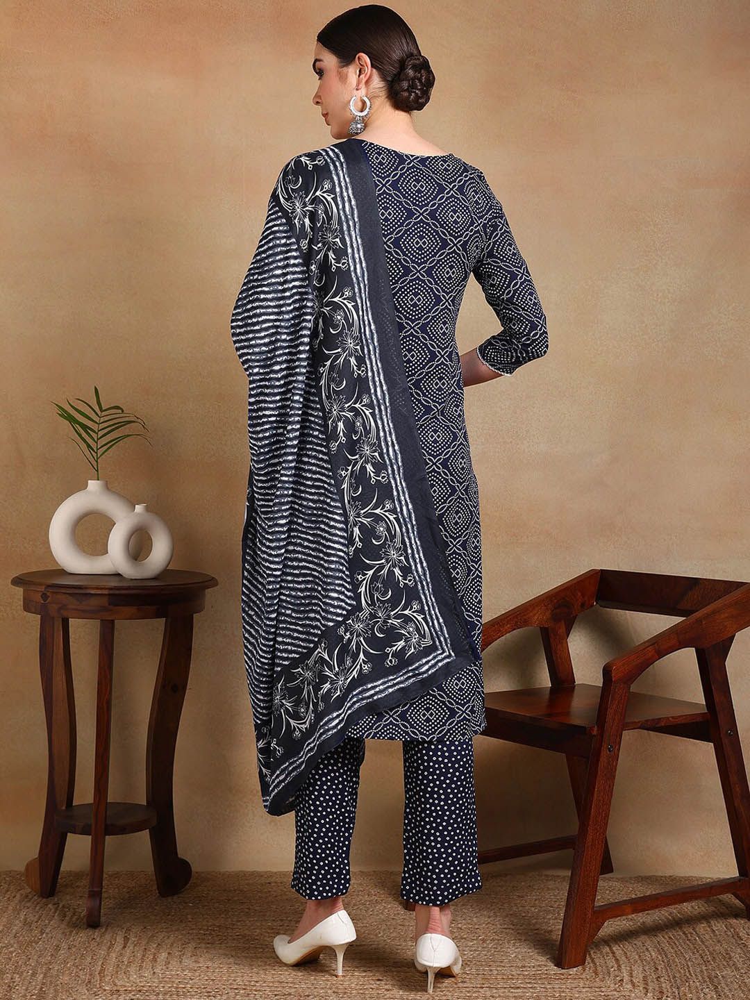 KALINI Women Bandhani Printed Regular Thread Work Kurta with Trousers & With Dupatta
