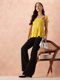 all about you Smocked Effect Tie-Up Detail Shoulder Straps Pure Cotton Peplum Top