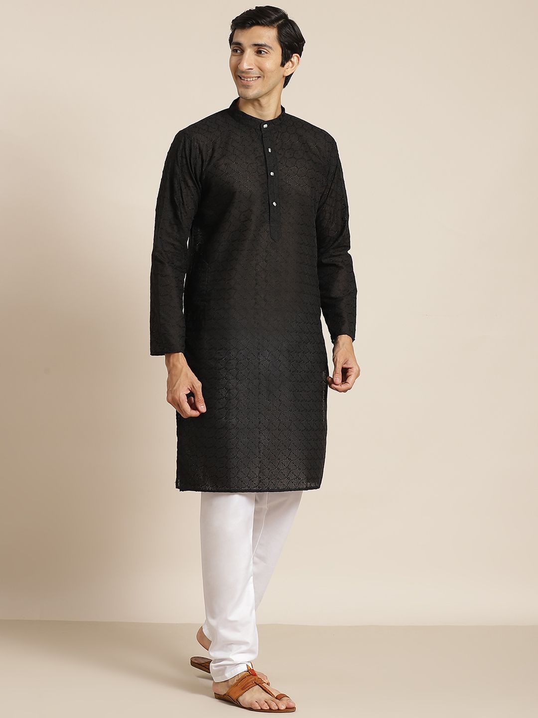 SOJANYA Men Black Chikankari Pure Cotton Kurta with Churidar & Nehrujacket