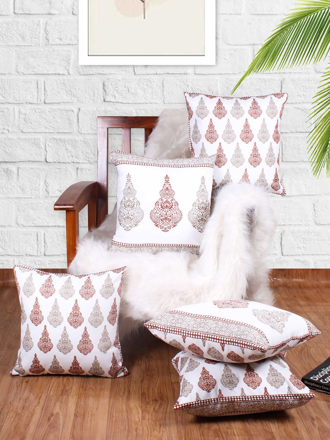 STITCHNEST Brown & White 5 Pieces Ethnic Motifs Square Cushion Covers