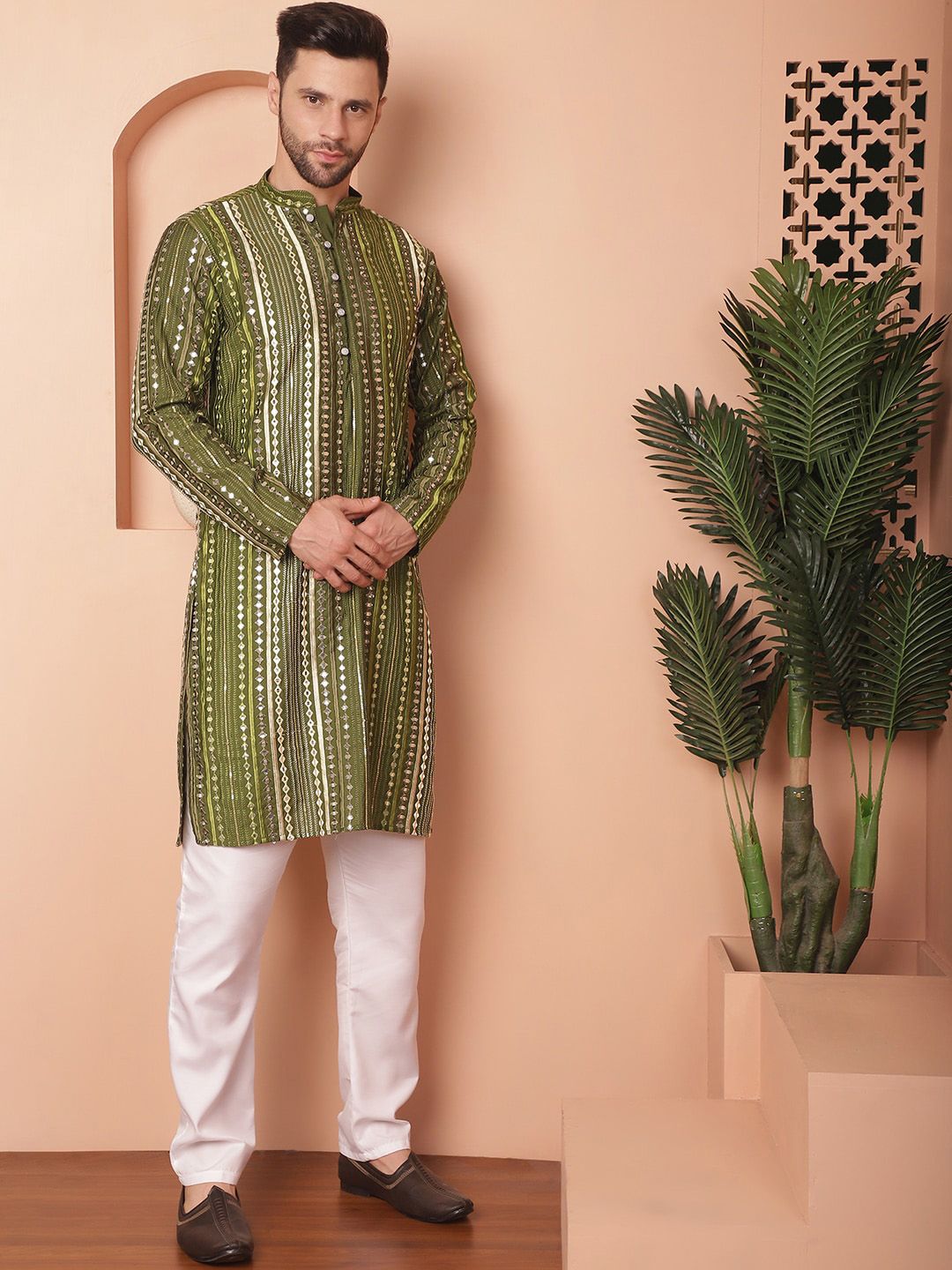 Jompers Geometric Embroidered Regular Mirror Work Straight Kurta With Pyjamas