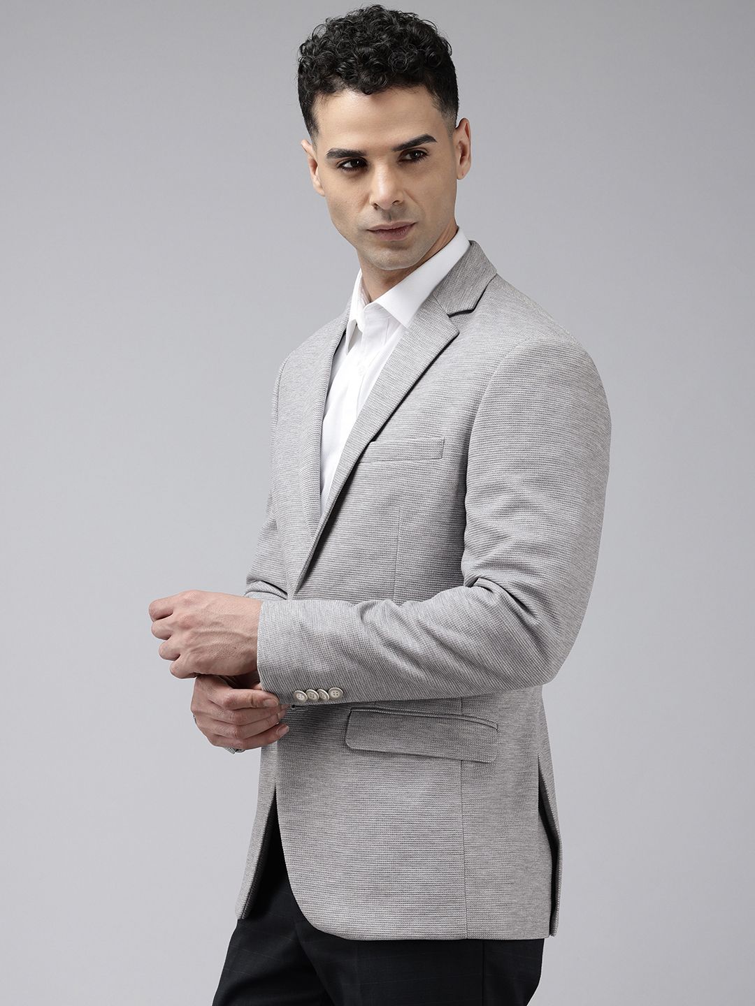 Park Avenue Notched Lapel Single Breasted Self Design Super Slim Fit Formal Blazer