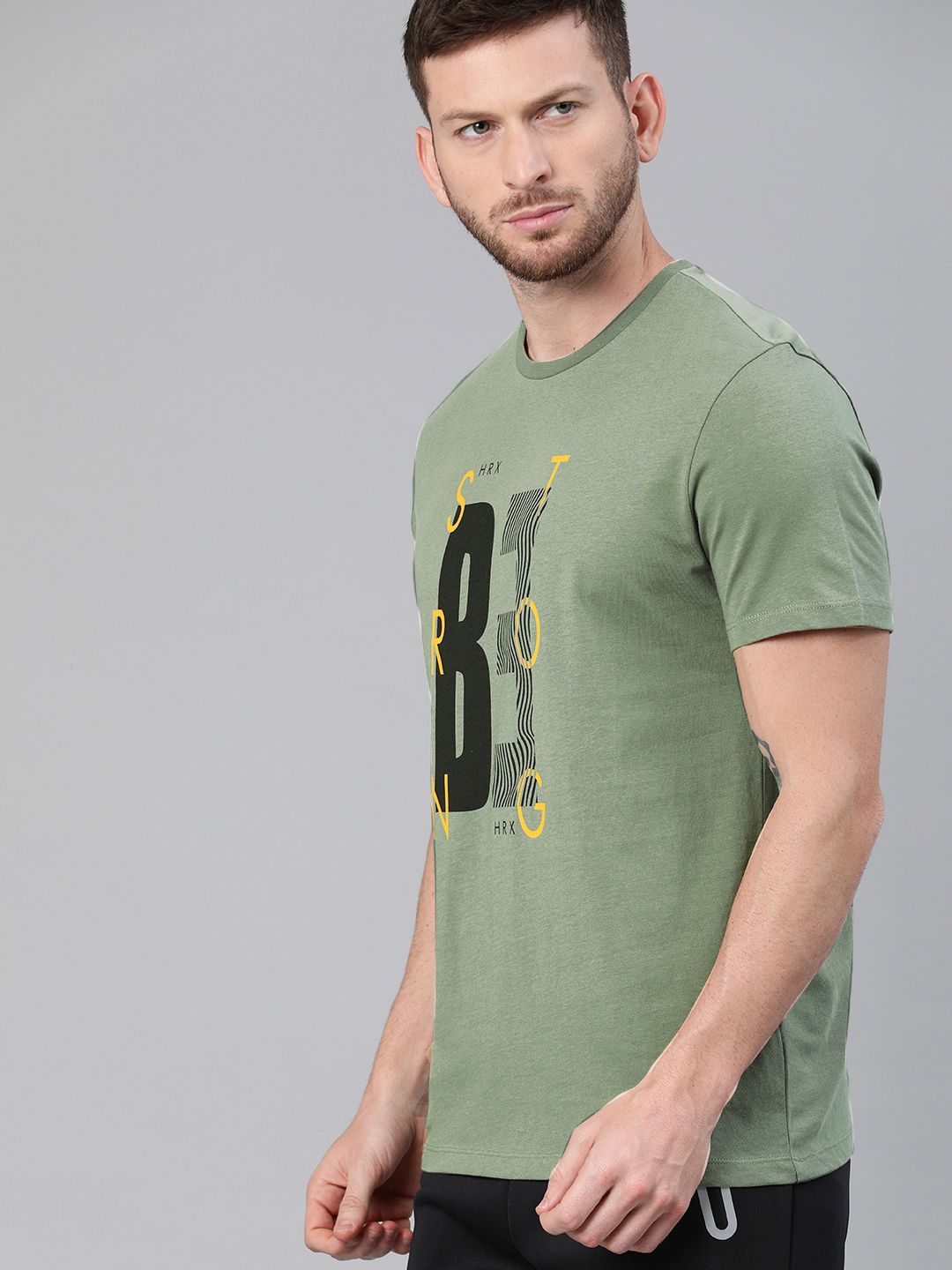 HRX by Hrithik Roshan Men Olive Green Solid Bio-Wash Running Tshirt
