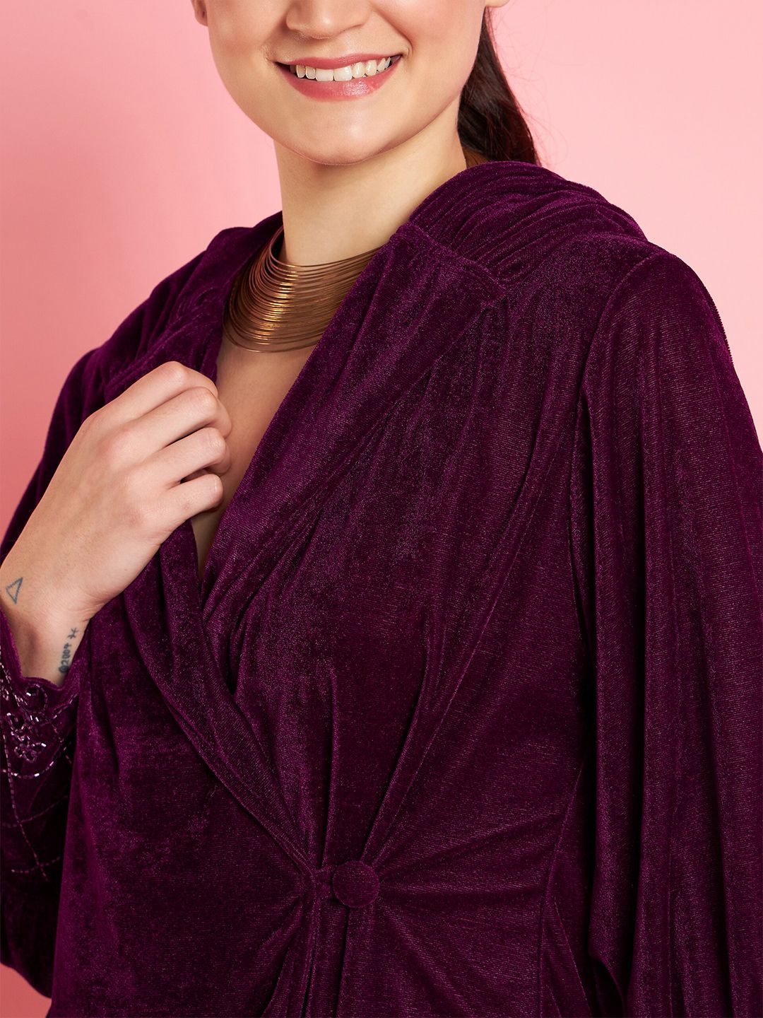 Antheaa Purple Embellished Lapel Collar Velvet Top With Trousers