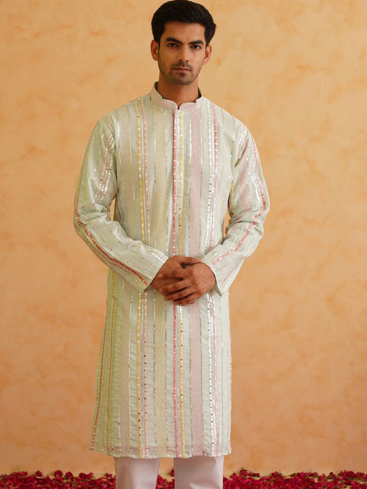 SOJANYA LUXE Kurta Lurus Kolar Mandarin Berjalur Sulam dengan Piyama