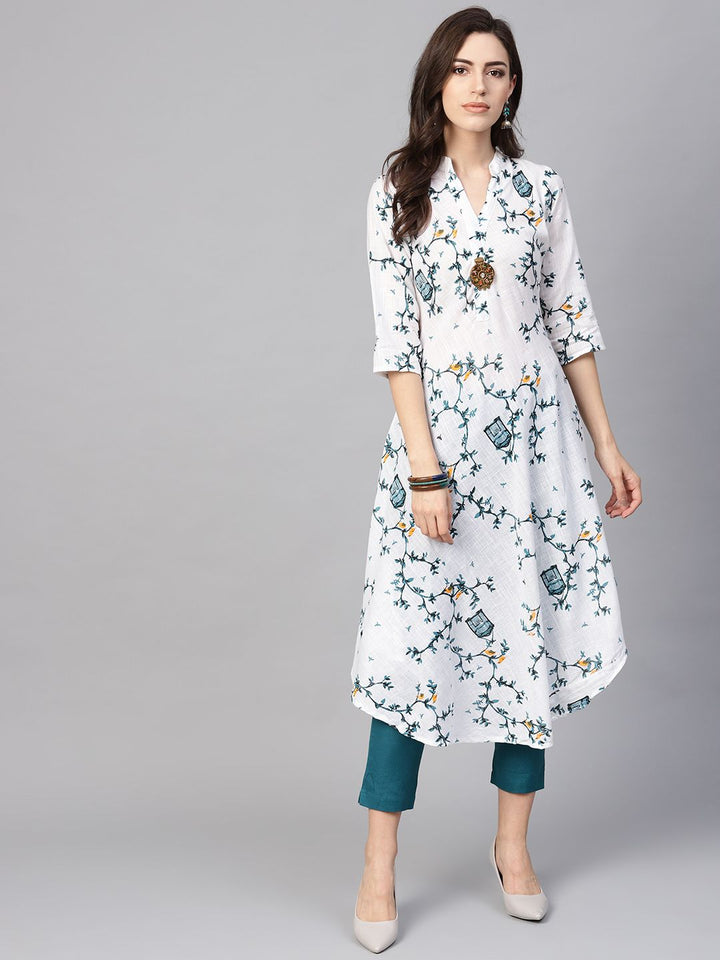 SOJANYA Women White & Teal Green Printed A-Line Kurta