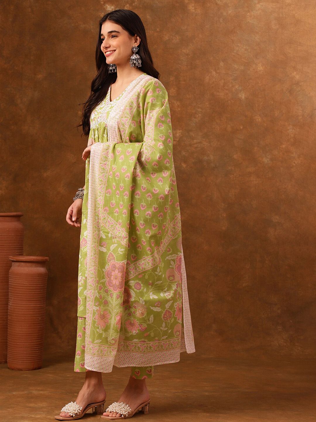 Anouk Floral Printed Regular Thread Work Empire Pure Cotton Kurta With Palazzos & Dupatta