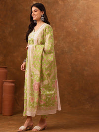 Anouk Floral Printed Regular Thread Work Empire Pure Cotton Kurta With Palazzos & Dupatta