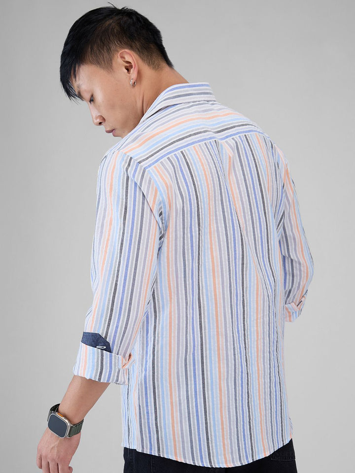VASTRADO Men Classic Cutaway Collar Vertical Striped Cotton Slim Fit Casual Shirt