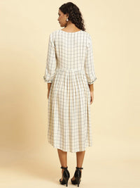 W Checked Round Neck A-Line Midi Dress