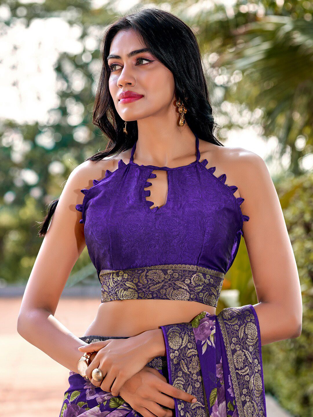 Saree mall Violet Floral Printed Poly Georgette Saree
