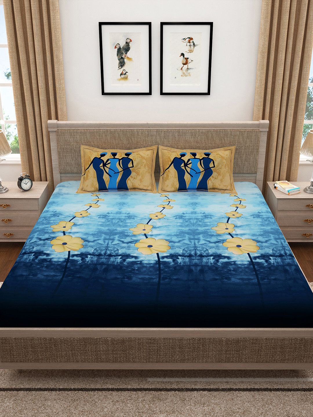 Story@home Blue & Beige Floral 300 TC Cotton 1 King Bedsheet with 2 Pillow Covers