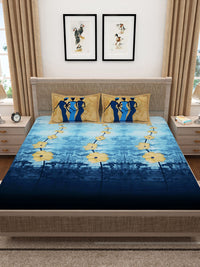 Story@home Blue & Beige Floral 300 TC Cotton 1 King Bedsheet with 2 Pillow Covers