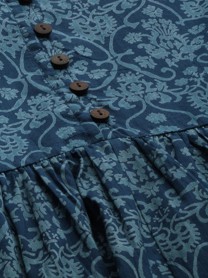 Anouk Women Navy Blue Printed A-Line Kurta with Gathered Detail
