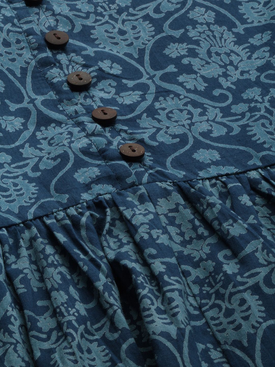 Anouk Women Navy Blue Printed A-Line Kurta with Gathered Detail