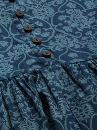 Anouk Women Navy Blue Printed A-Line Kurta with Gathered Detail
