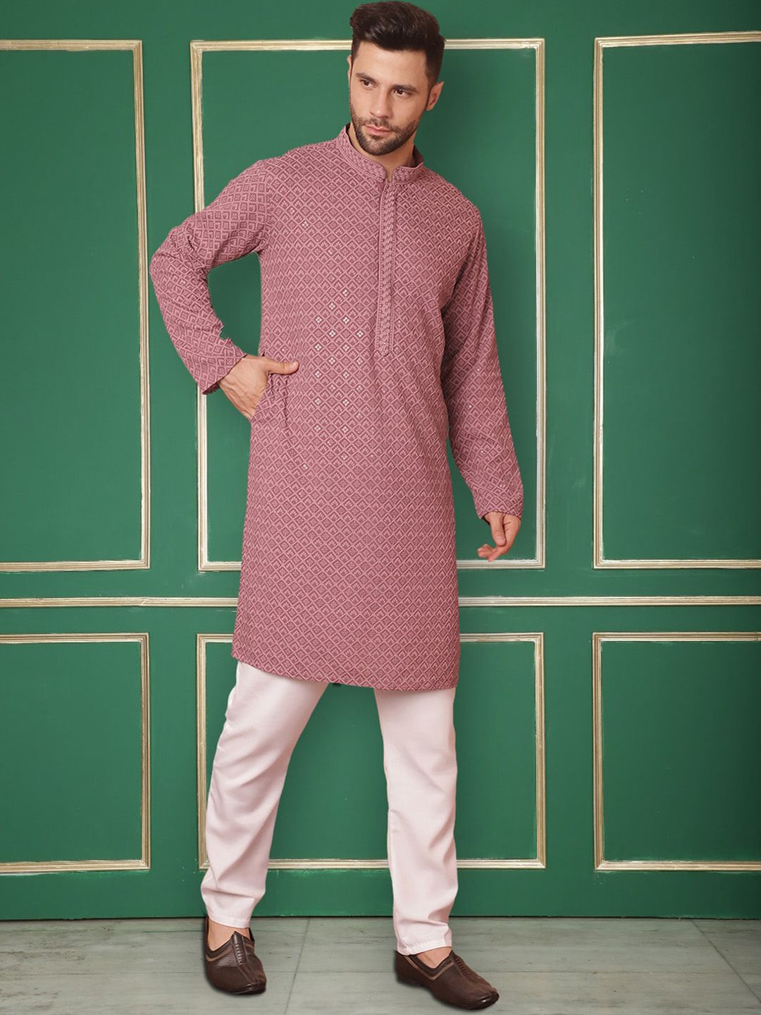 Jompers Embroidered Mandarin Collar Sequinned Kurta with Pyjamas